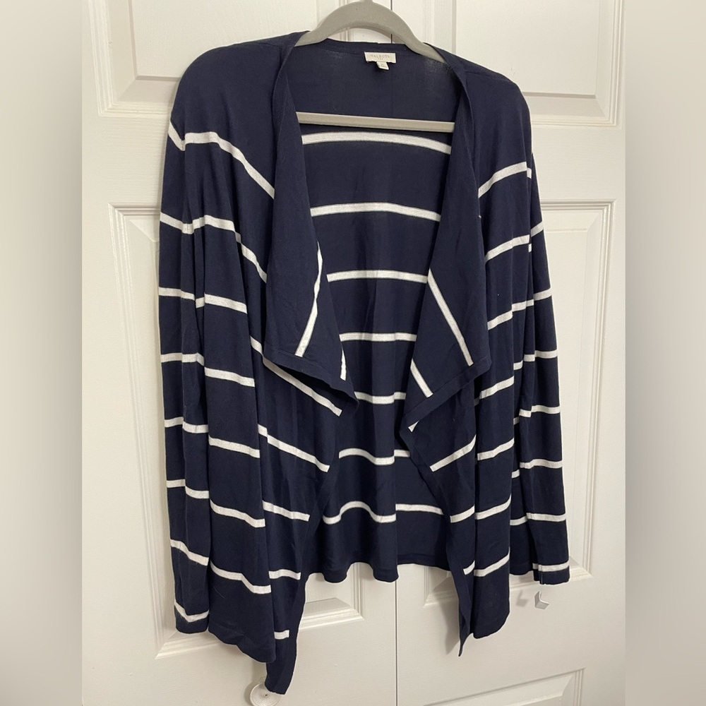 Talbots Navy Blue Striped Drape Front Cardigan Size XL
